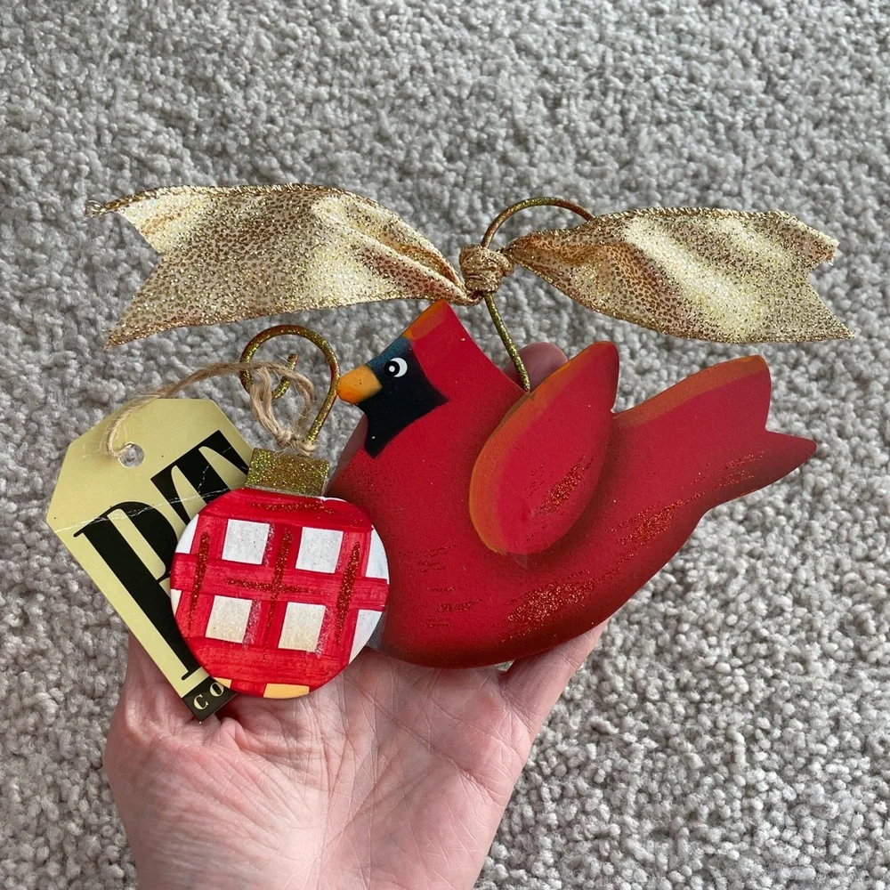 The Round Top Collection RT Red Cardinal Glitter Gold Bow Metal Ornament